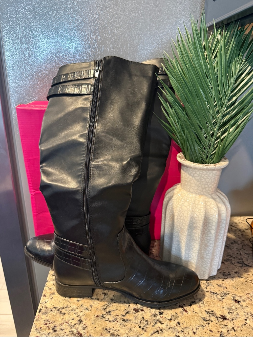 ShoeDazzle Black Croc Buckle Knee High Boots Size 10 NIB